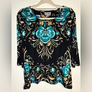 JM Collection Liquid Knit 3/4 Sleeve Top Black/Gold/Teal  w/ Rhinestones Size PL